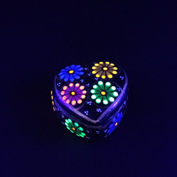 Heart Shape Terracotta Trinket Box Colorful Mexican Pottery UV Glow - Picture 2 of 10